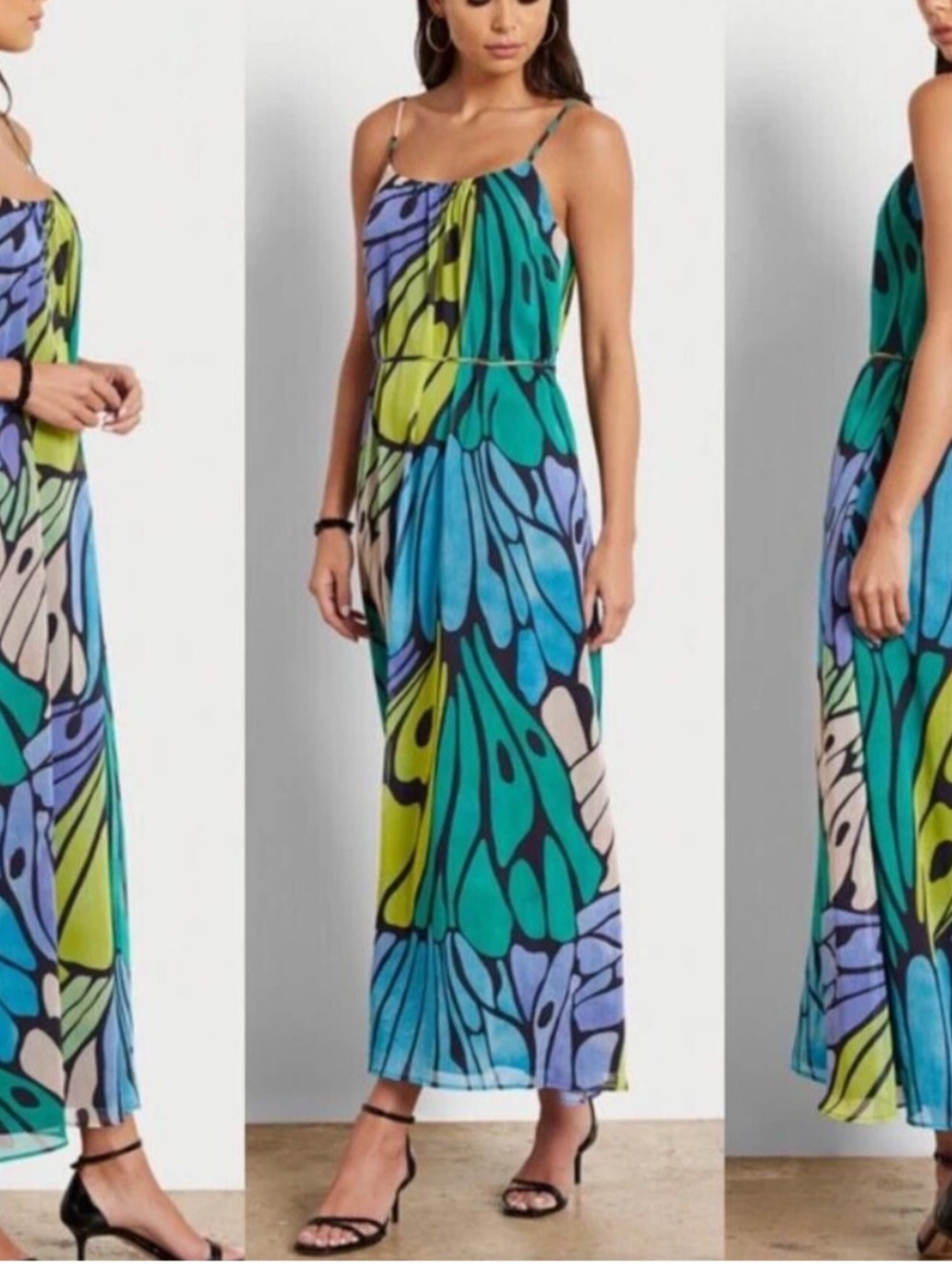 Sam Edelman Sleeveless Floral-Butterfly Print Maxi Dress in Teal & Lime M
